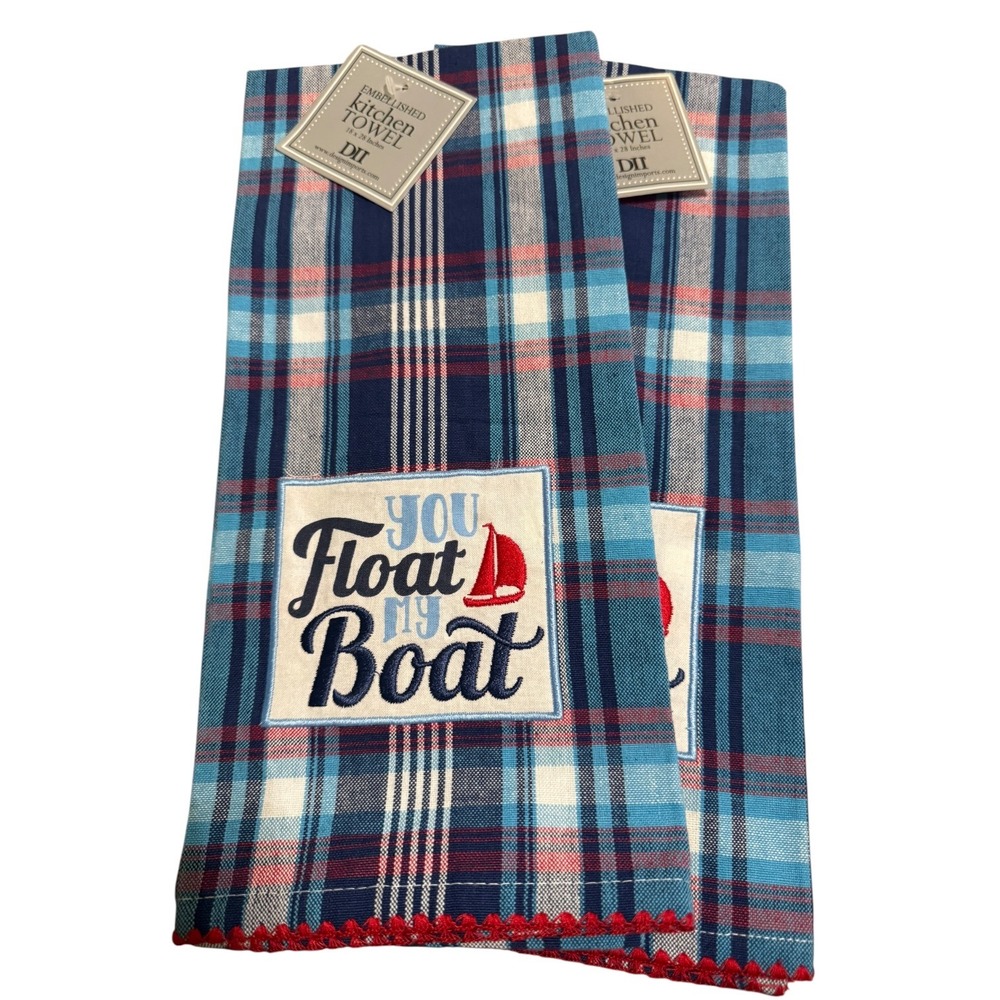 NWT DII‎ You Float My Boat Plaid Kitchen Towel Set of 2 Blue Red Nautical 18x28